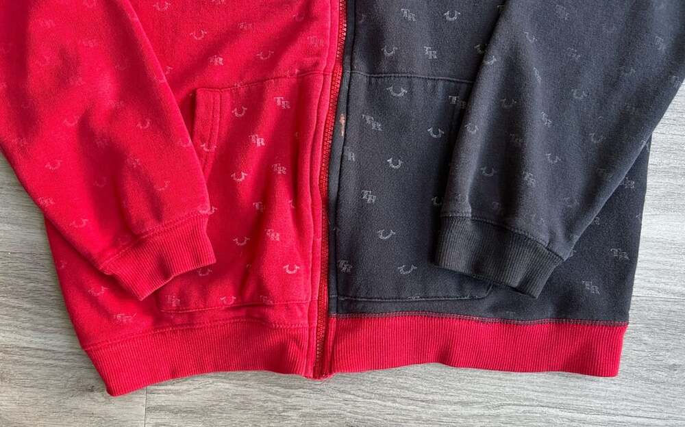 True Religion Zip Up Hoodie Size XL Red Black Split Logo - Picture 4 of 5